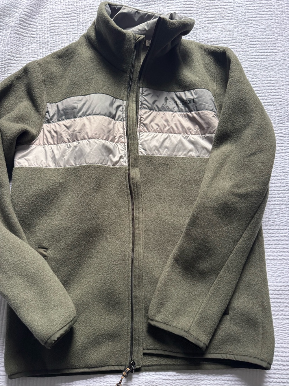 Cotopaxi Olive Green Fleece Jacket with Quilted Chest Panels